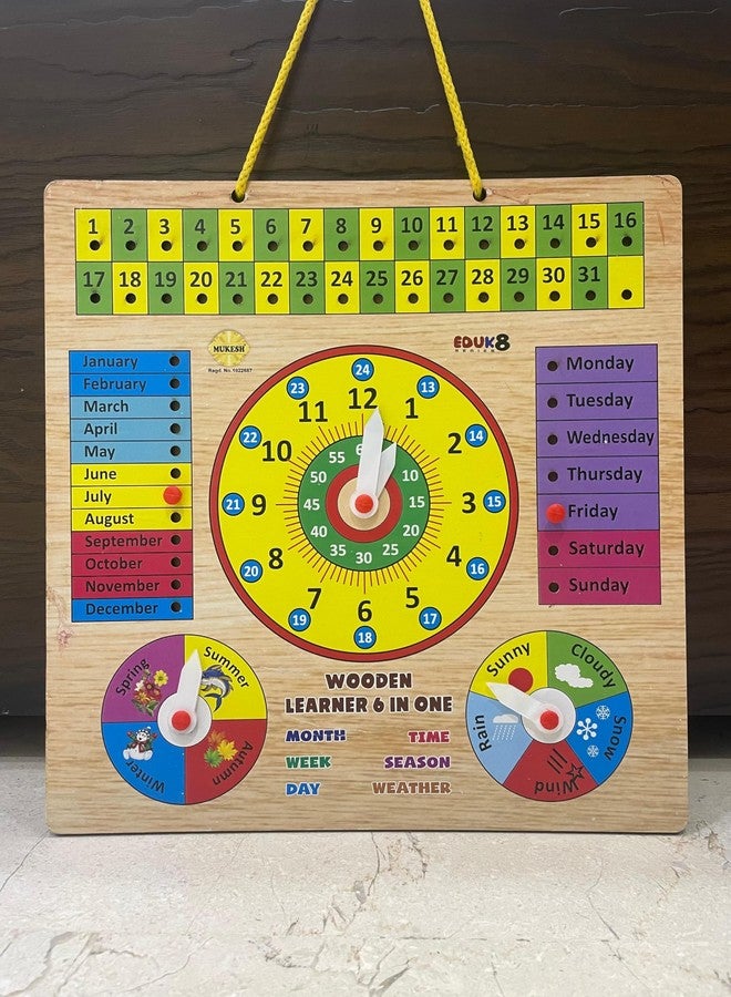 *MUKESH* MUKESH Multifunctional 6 in 1 Wood Clock/Calendar Montessori Analog for Kids, Preschool, Educational, Premium Learning Clock Toy | Multi Color | with 4 Extra PINS | Best for Gifts (BIS Certified) - Image 5